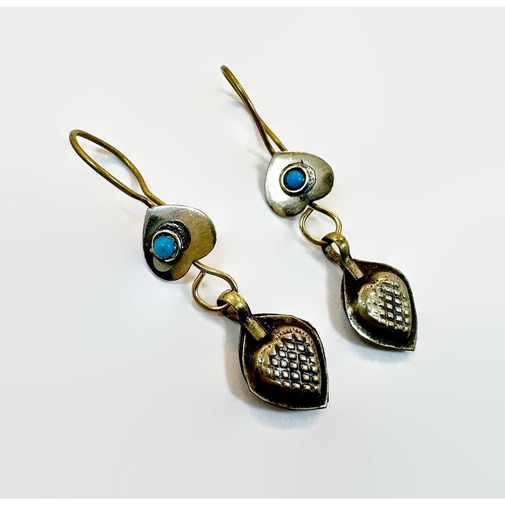 Vintage Heart Earrings Afghan: Middle Eastern, Brass, Silver, Turquoise, Boho